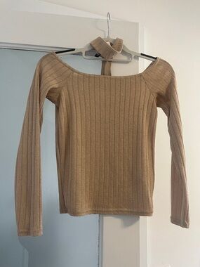 Divided Ribbed Off-Shoulder Long Sleeve Top in Tan